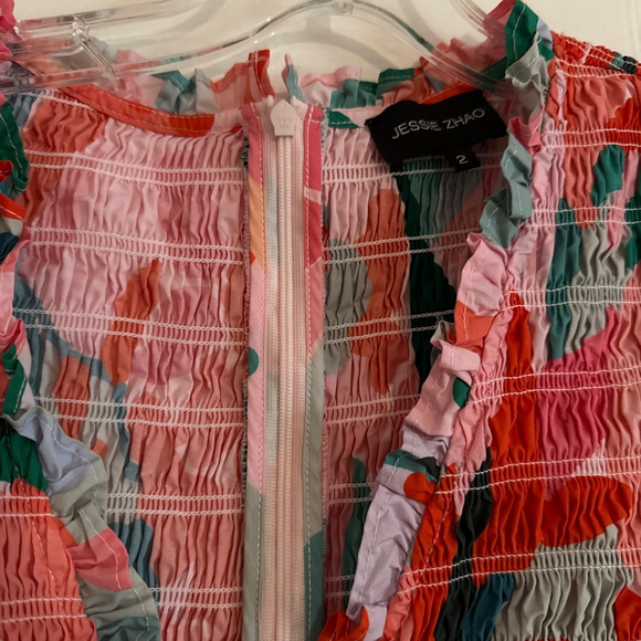 Women's JESSIE ZHAO Pink Green Floral Smocked Midi Dress Size 2 - Picture 2 of 3